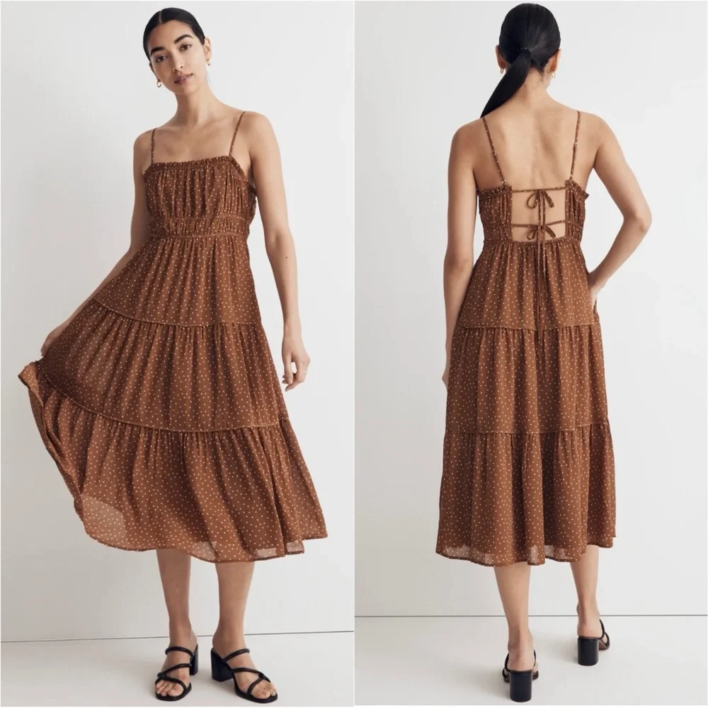 Madewell Dress Sophia Cami Tiered Midi in Dot Ruffle Sepia Polka Dot Brown 10 - Picture 1 of 14